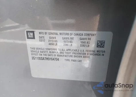 2017 Chevrolet Impala 1Lt z USA, uszkodzony, nr VIN 2G1105SA7H9164704